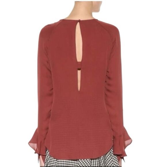 Veronica Beard Mia Silk Ruffle Blouse Burt Orange Brown Semi Sheer Lux Size 2 - Picture 5 of 13